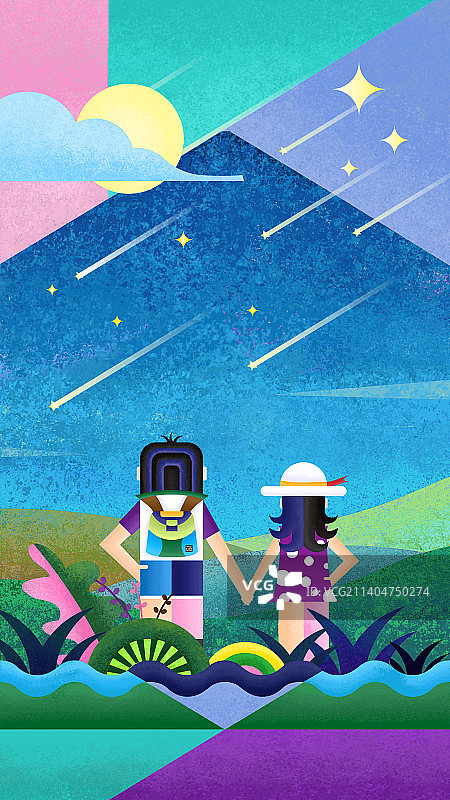 男孩和女孩一起看流星雨插画壁纸图片素材