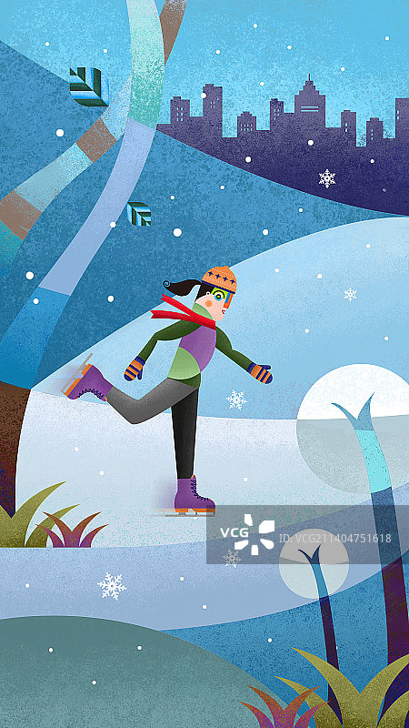 女孩在冬季滑冰插画壁纸图片素材