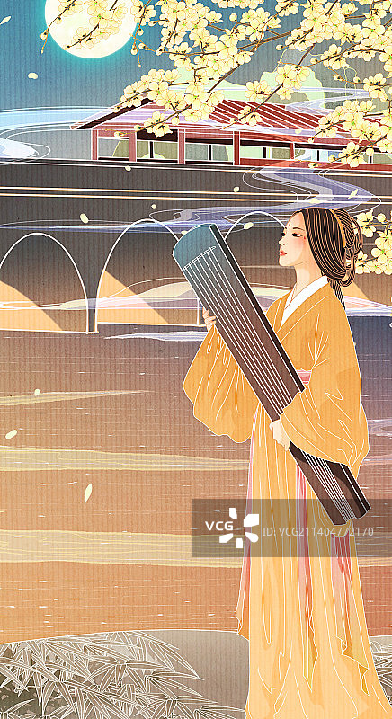 中国国风国潮汉服少女美女背景插画竖版图片素材