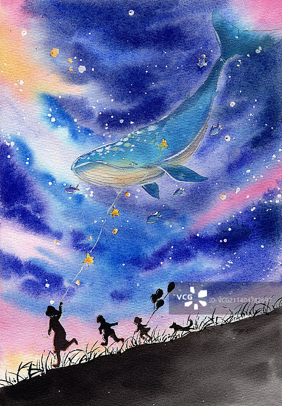 水彩插画放风筝放鲸鱼图片素材
