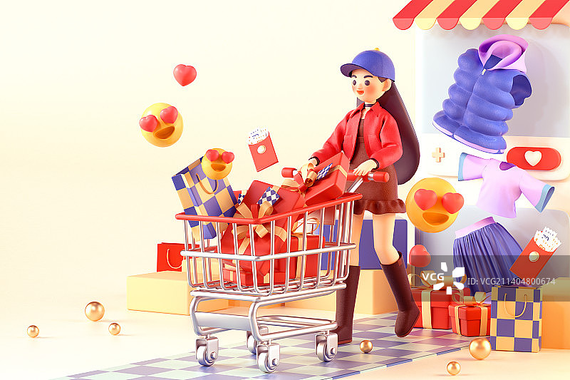 3D女人手推购物车图片素材