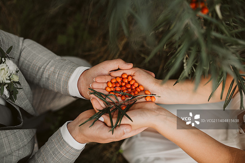 一对男女拿着带有结婚戒指的橘子的局部照片图片素材