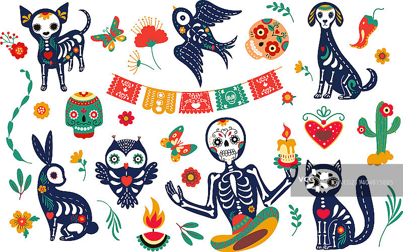 墨西哥动物头骨节庆：狗、鸟和猫图片素材