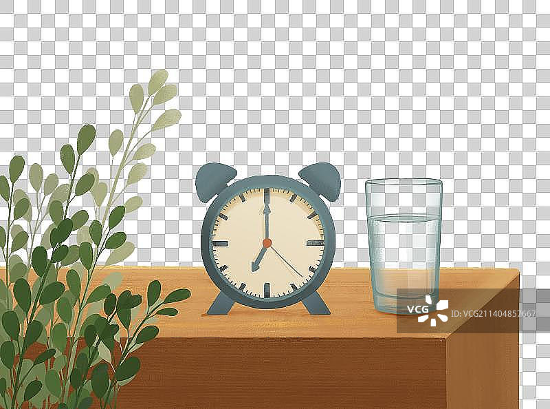 桌上的闹钟和一杯水图片素材