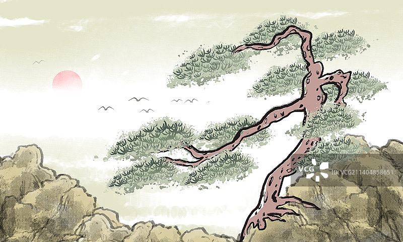 中国传统中国风抽象山峰参天松树诗意水墨画图片素材