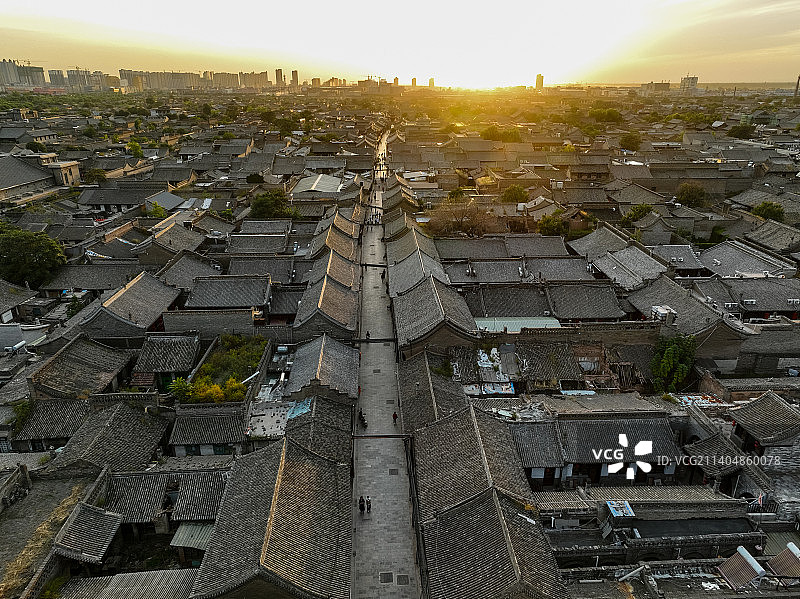 山西平遥古城建筑风光日落航拍图片素材