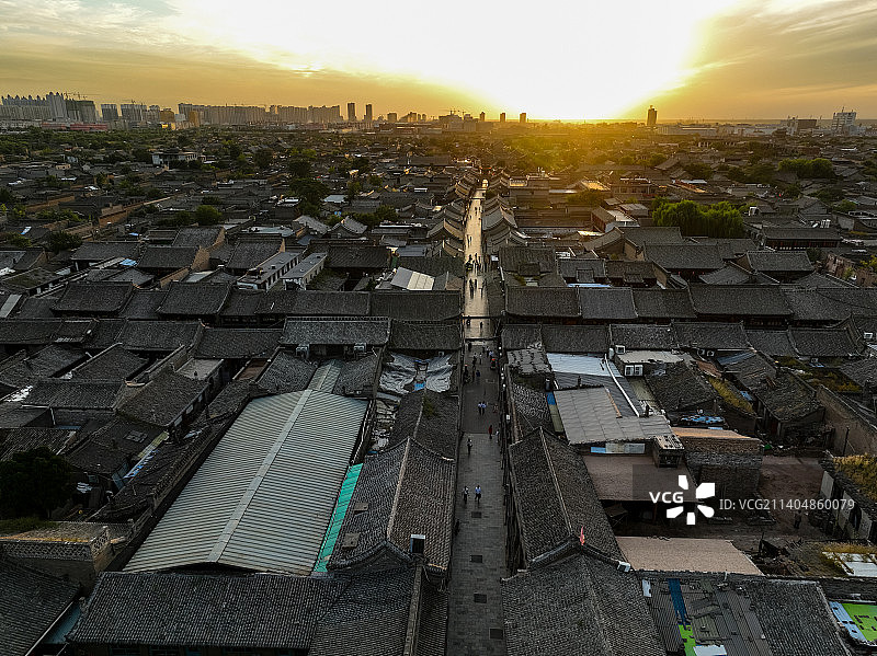 山西平遥古城建筑风光日落航拍图片素材