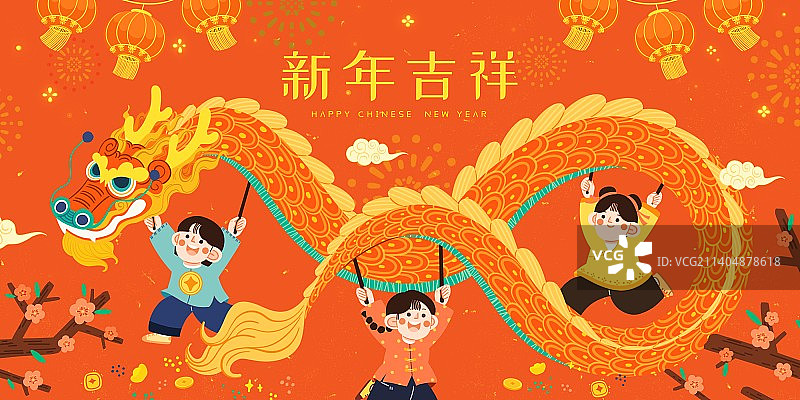 手绘红色喜庆春节欢乐舞狮插画图片素材