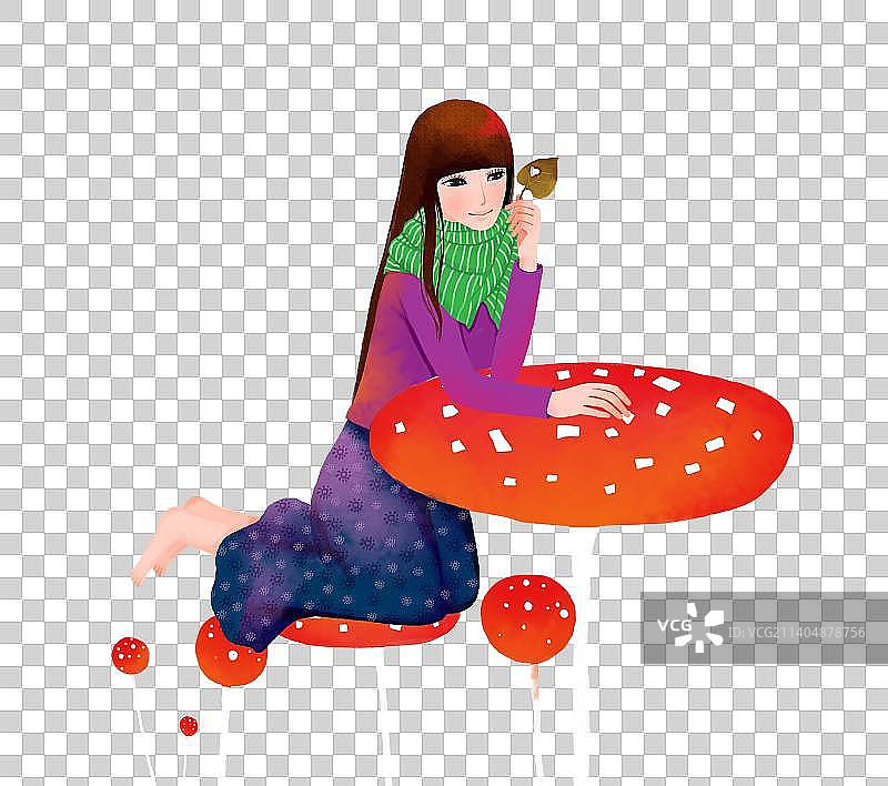 跪在蘑菇上的拿叶子的女人图片素材