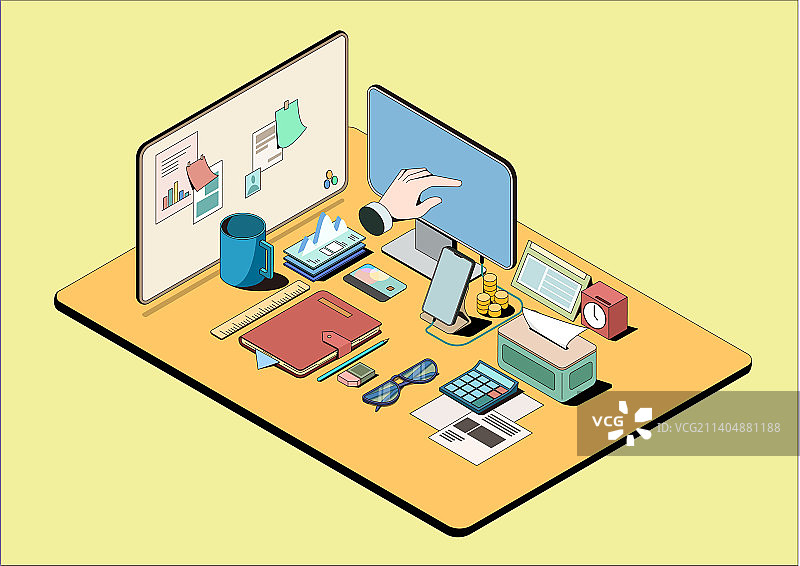 2.5d办公桌面扁平描边插画图片素材