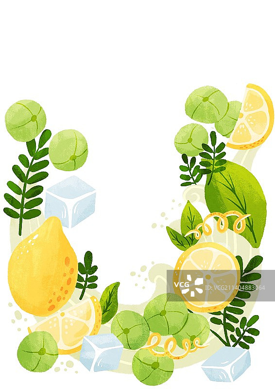 肌理手绘风柠檬油甘果冰块薄荷叶图片素材