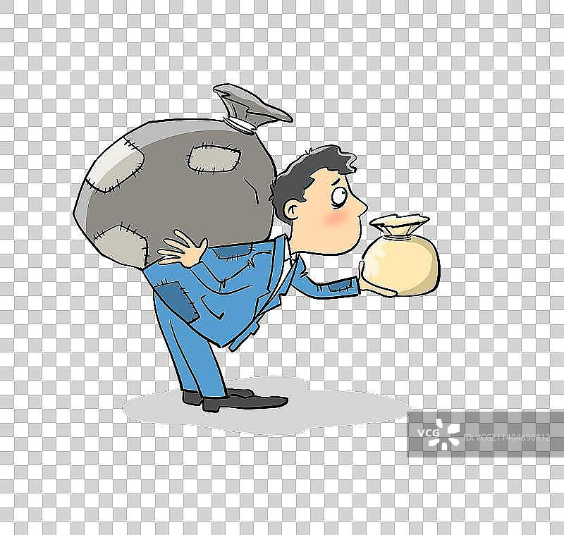 背着破旧包袱的男子和小钱袋图片素材