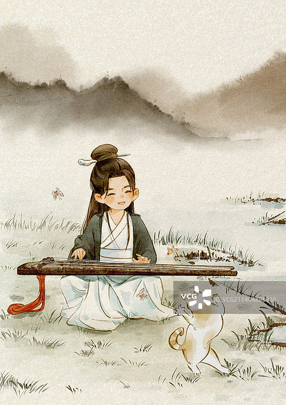 文房四艺  抚琴。  小男孩和猫咪的日常图片素材