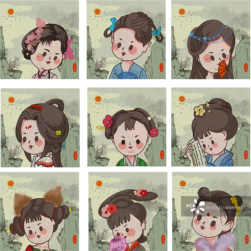 Q版古风九宫格女孩子头像图片素材