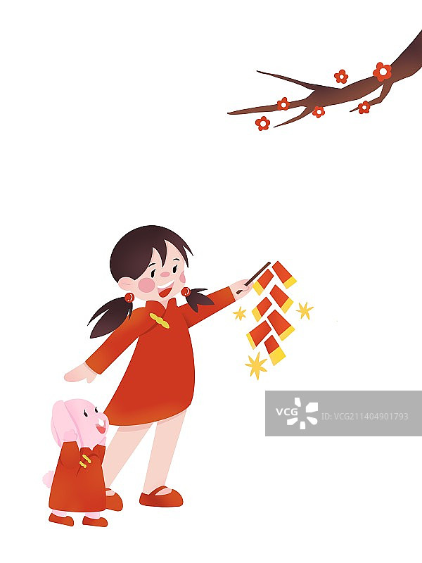 兔年2023女生和兔子放鞭炮图片素材
