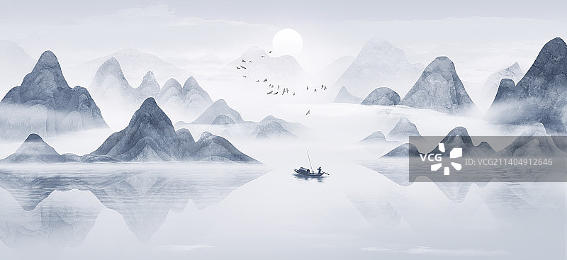 新中式蓝色水墨意境山水画图片素材