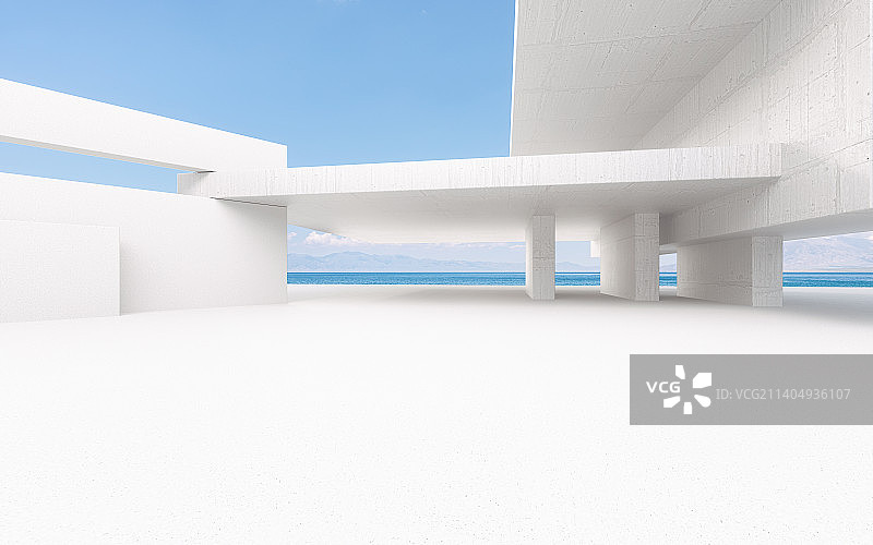 现代建筑砖地广场平台与蓝色海平面图片素材