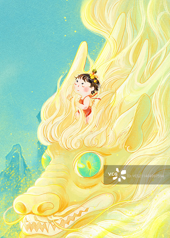 金龙青山安睡的红肚兜小女孩梦幻国潮插画图片素材