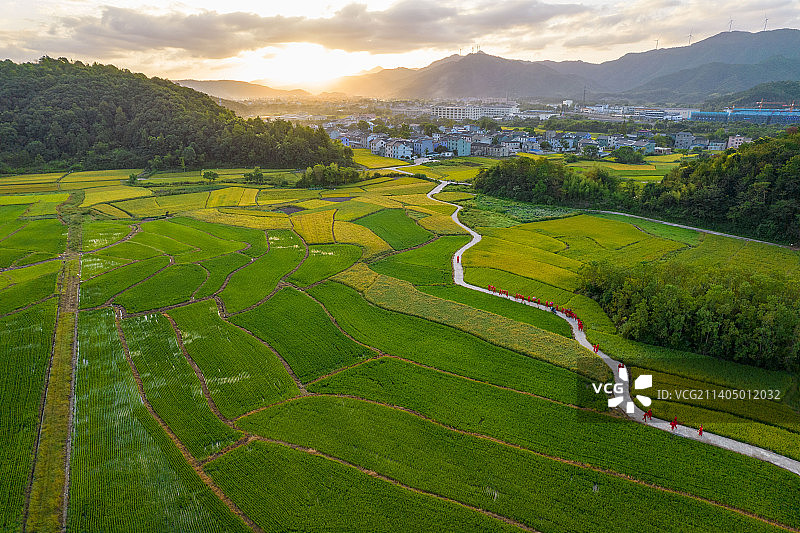 “十里红妆”嫁女场景，人们穿着红妆服饰，手举喜牌，高抬銮驾，浩浩荡荡从宁海县前童镇栅下村出发。图片素材