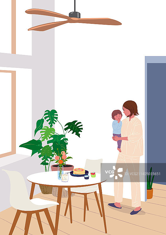 带盆栽的阁楼室内家居生活婴儿母亲图片素材