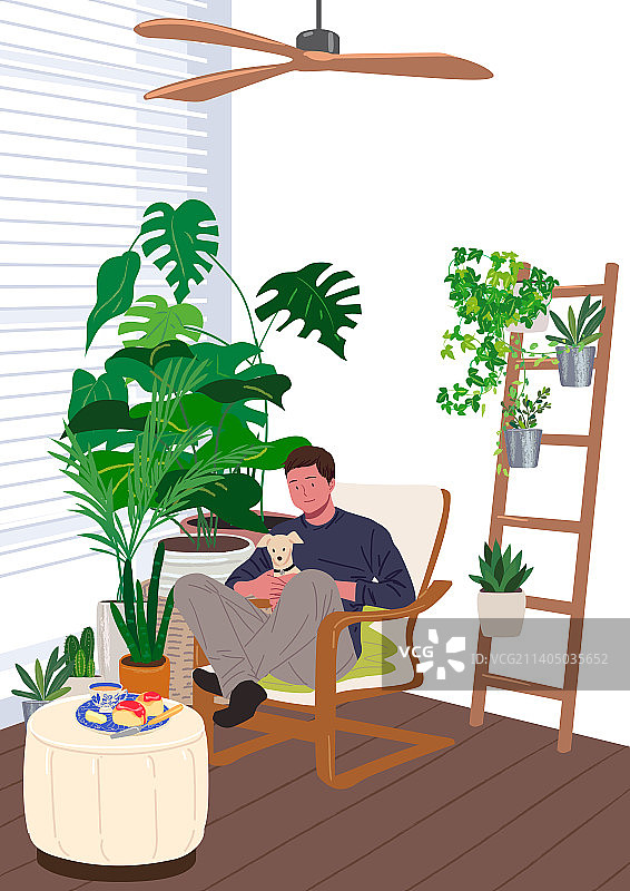 工作室、复式楼、室内、家居、生活方式、伴生植物、宠物狗、桌子、男人图片素材