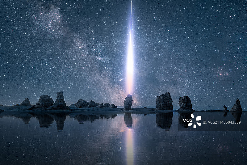 青海俄博梁的雅丹地貌星空发光未来概念科技背景图片素材