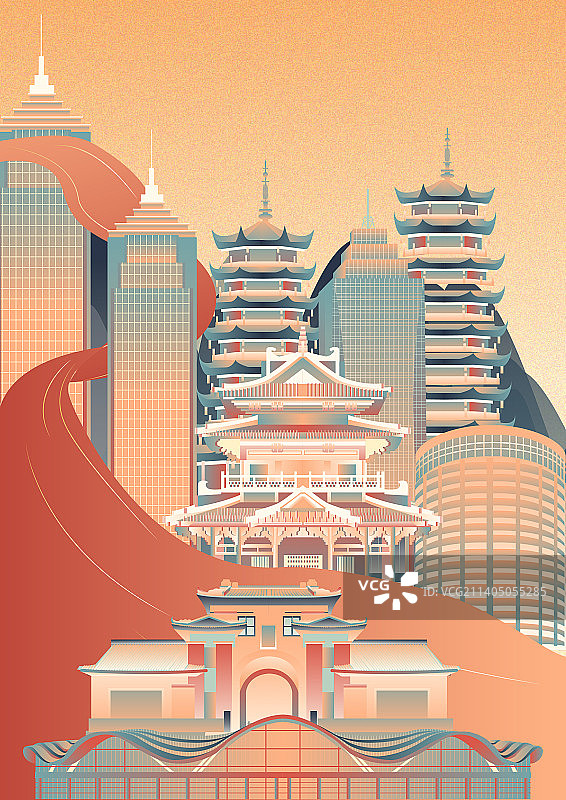 国庆节桂林地标建筑群矢量节日插画图片素材