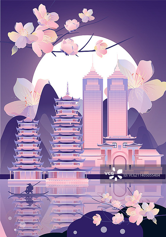 桂林地标建筑群矢量节日插画图片素材
