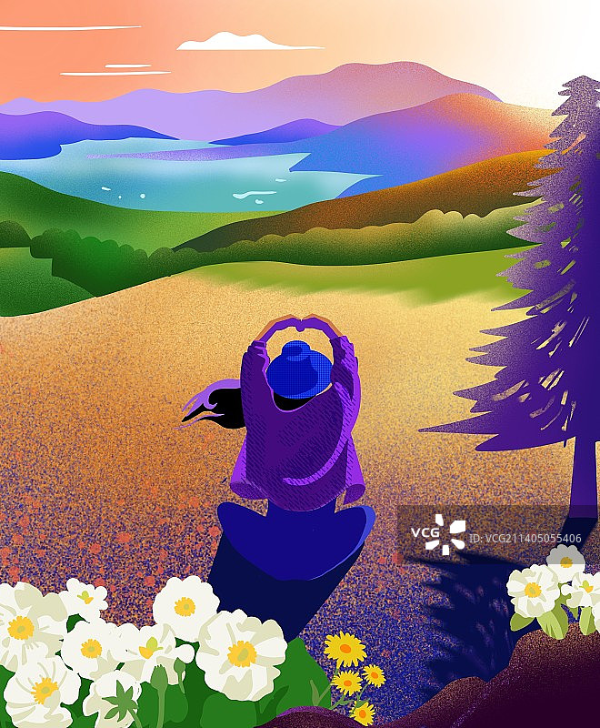 秋季户外女子比爱心扁平肌理风治愈系插画图片素材