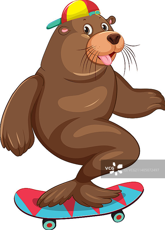 可爱海狮玩滑板，白色背景图片素材