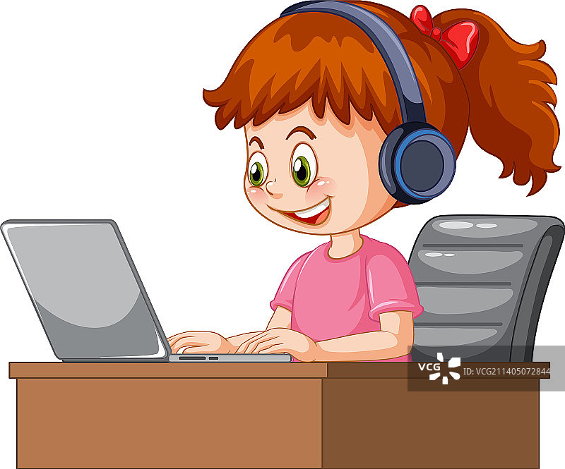 使用笔记本电脑的卡通女孩图片素材