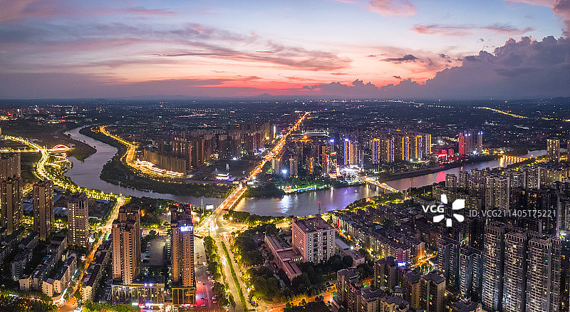 湖南省衡阳市蒸湘区华新开发区夕阳夜景航拍图片素材