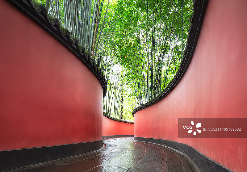 四川省成都市武侯祠博物馆的红墙和竹林图片素材