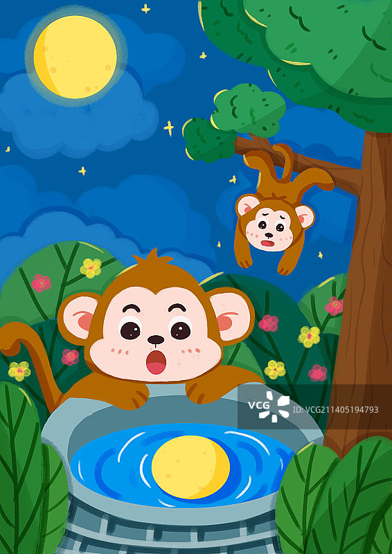 猴子捞月之发现月亮图片素材