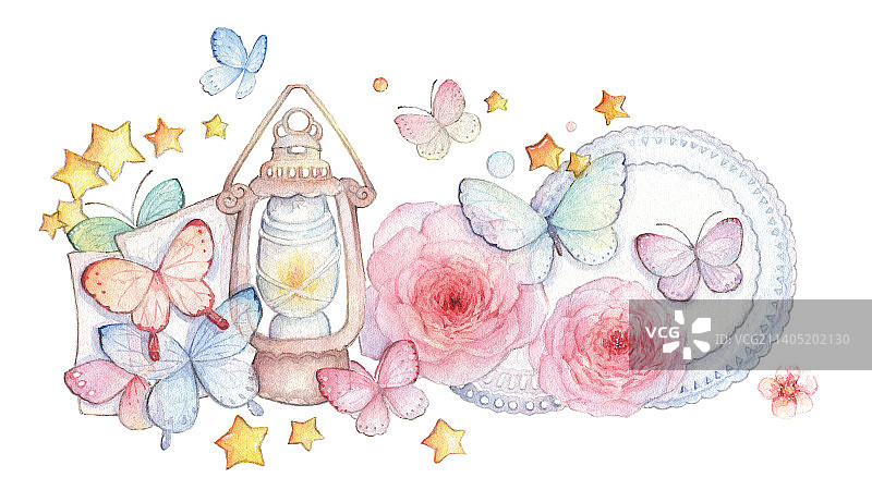水彩手绘白色背景下的复古提灯与花朵和蝴蝶图片素材