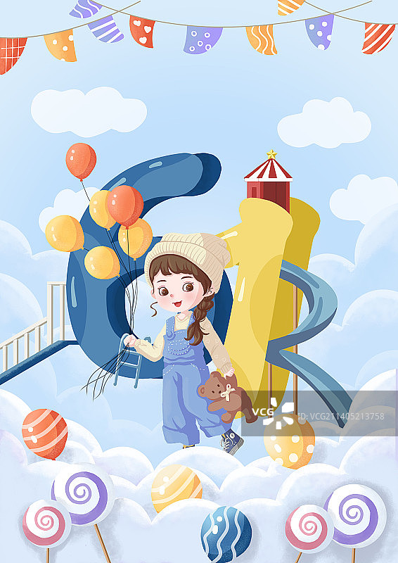 儿童节快乐童真小女孩插画图片素材