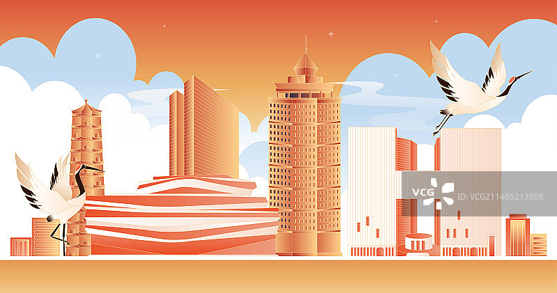 榆林城市天际线卡通插画图片素材