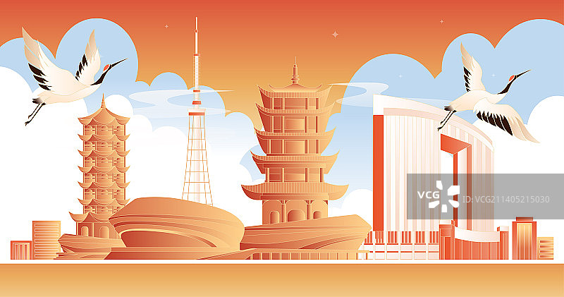 孝感城市天际线卡通插画图片素材