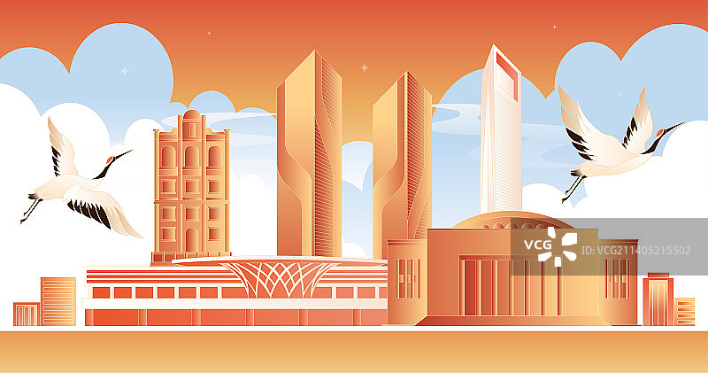 江门城市天际线卡通插画图片素材