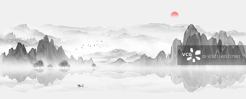 中国风意境水墨山水插画图片素材