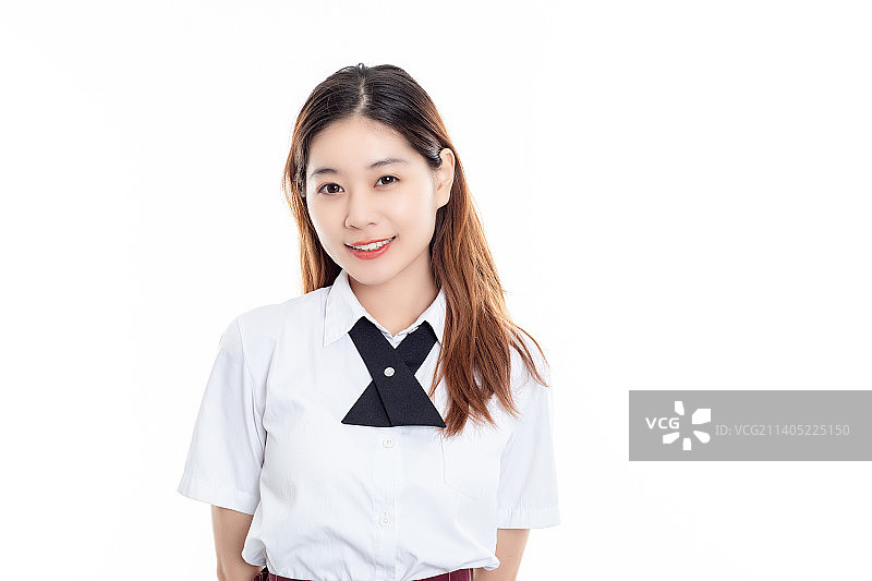 白底中一名漂亮的中国女大学生图片素材