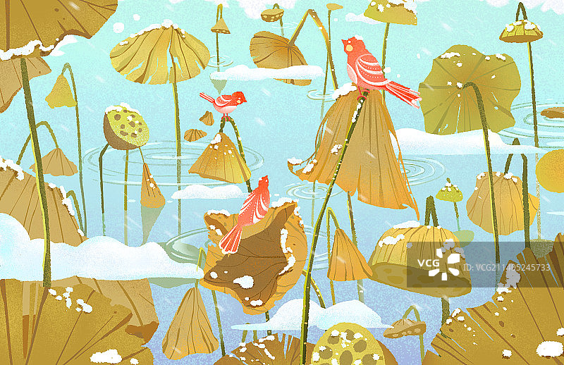 冬季小鸟在湖里枯荷叶上等待觅食图片素材