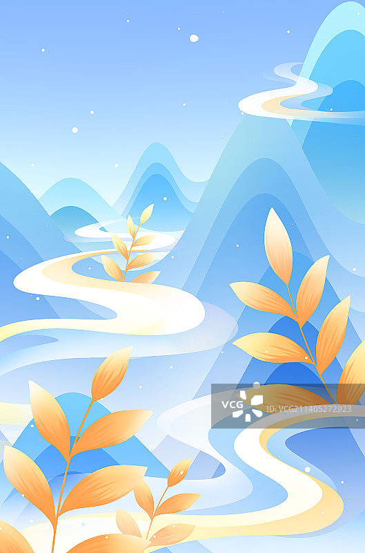 蓝色唯美清新麦穗与山川秋季插画图片素材