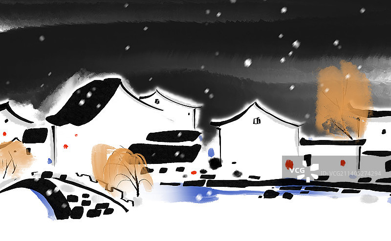 冬天中国风水墨江南风景节气插画大雪图片素材
