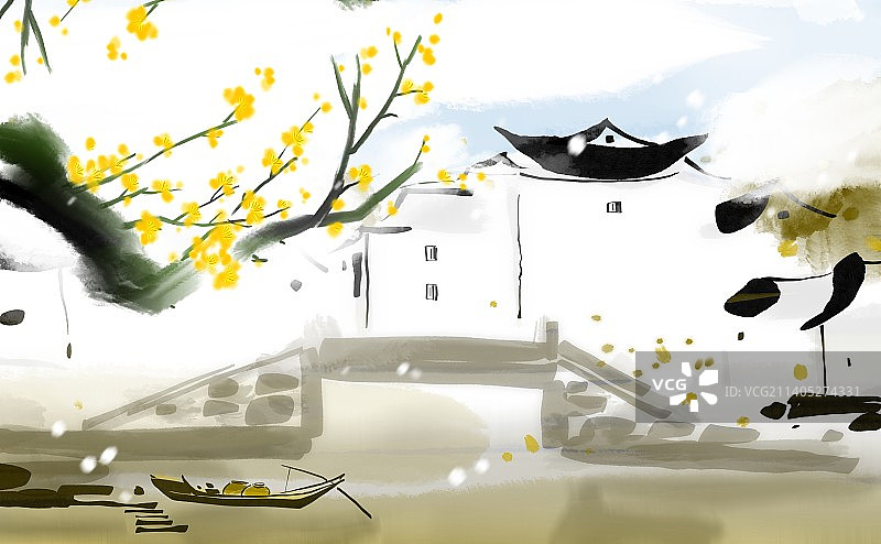 梅花风景插画背景迎春花图片素材