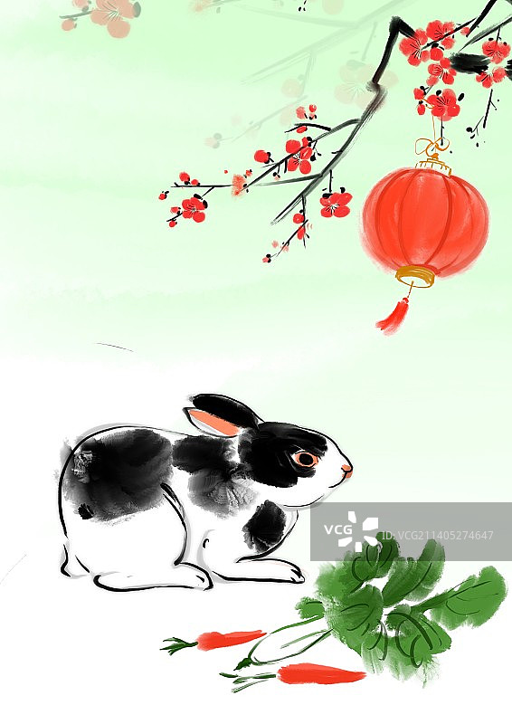 2023春节过年水墨年画兔子图片素材