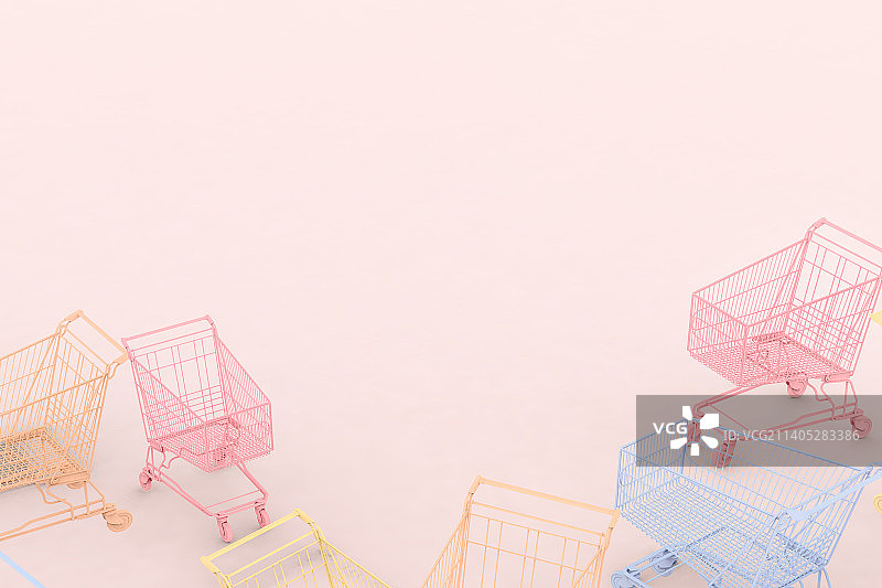 粉色背景上的彩色购物手推车banner图片素材