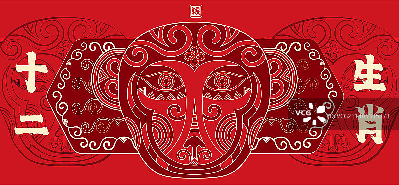 十二生肖猴贺新春，国潮喜庆中国红传统纹样矢量插画图片素材