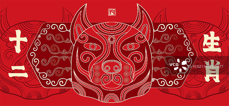 十二生肖狗贺新春，国潮喜庆中国红传统纹样矢量插画图片素材