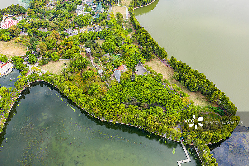 航拍湖北武汉东湖生态旅游风景区听涛景区天鹅池 湖畔园林景观 曲桥亭廊碧水涟漪图片素材